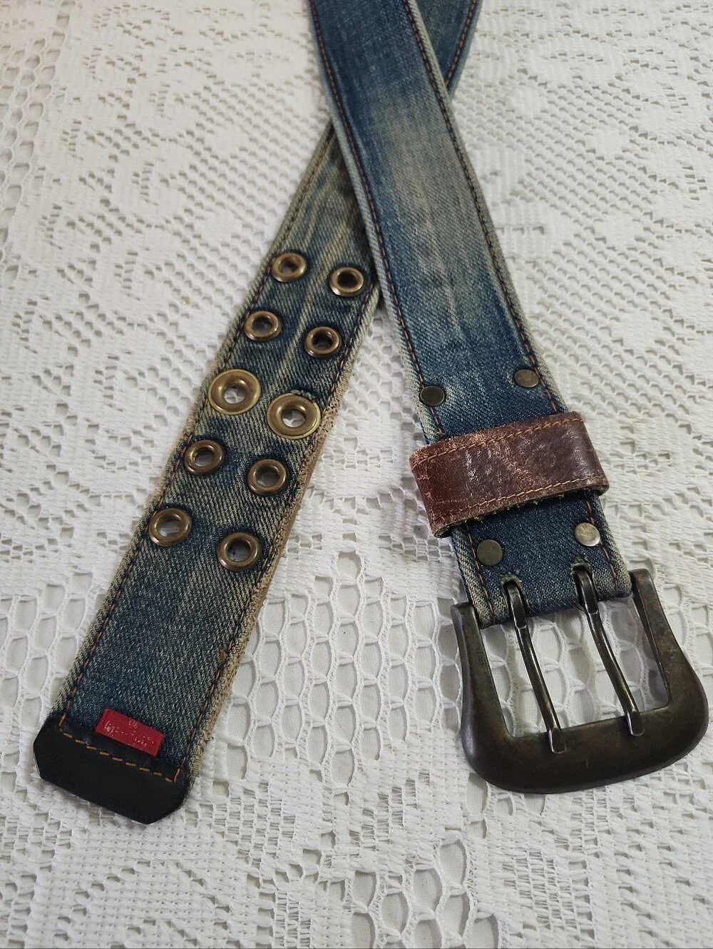 Vtg Y2K Levi's Double Prong Belt Faded Denim Brass Hardware Grunge Punk unisex